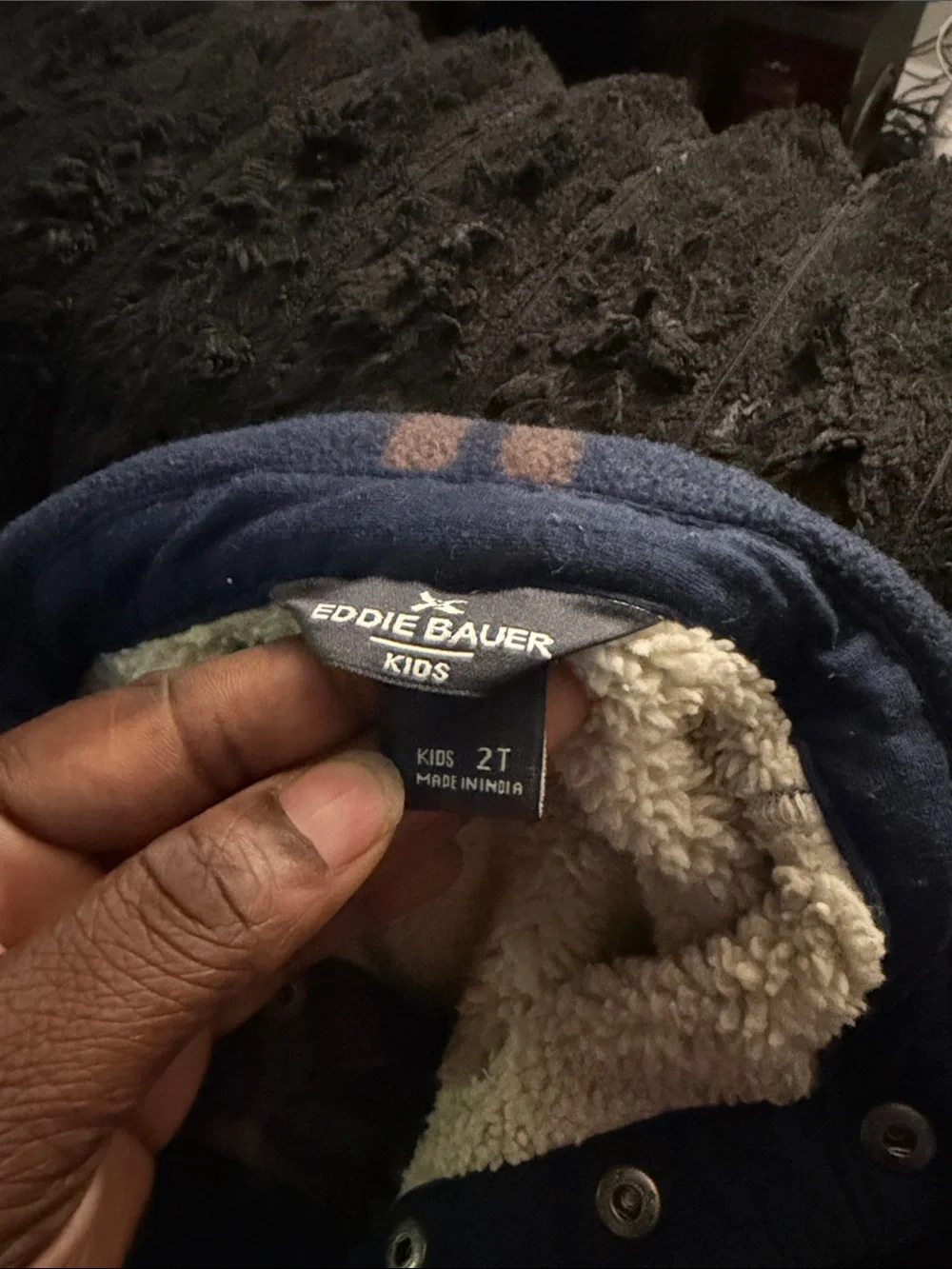 Eddie Bauer Navy and Brown Plaid Sherpa-Lined Jean Jacket